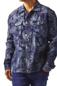 Gents Fancy Jacquard Denim Full Cut Jacket In Navy Elevate your style with our Navy Fancy Jacquard Denim Full Cut Jacket, exclusively available at Suits & More. This extraordinary jacket combines the classic denim look with a touch of luxury, making it a versatile and fashionable addition to your wardrobe. Featuring: Unique Jacquard Detail: The navy jacket features a fancy jacquard pattern for a distinctive look. Full Cut Design: Tailored to provide a comfortable and relaxed fit. Versatile Denim Luxury Designer Men's Denim Jacket, Men's Luxury Vintage Denim Jacket, Denim Jacket Men Printed, Luxury Men's Jacquard Knit Outerwear, Luxury Casual Garment-dyed Denim Jacket, Navy Jacket, Jacquard Pattern, Mens Navy, Cut Design