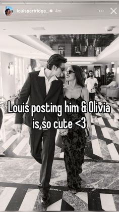 a man and woman walking through an airport with the caption louis posting him & olvia is so cute - 3