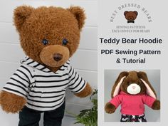 teddy bear hoodie sewing pattern and instructions for stuffed animal with striped shirt, jeans and flower pot