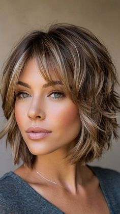 #HairCareIdeas #HairInspiration #HairstyleGoals #HairStylingTips #HairCareRoutine #HairTipsForWomen #HairTransformation #ShortHairStyles #LongHairLooks #CurlyHairTips Short Brown With Blonde Highlights, Choppy Layers Bob, Short Hair Highlights And Lowlights Older Women, Layered Crop Haircut, Short Layered Haircuts With Curtain Bangs, How To Curl Short Layered Hair, Short Shag Hairstyles For Thick Hair, Hairstyles For Short Hair With Layers, Medium Length Thick Hair With Layers