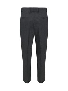 100% Virgin wool - Two side pockets - Belt loops - Zipper fly with hook - Logo-engraved metal zipper pull detail Classic Tapered Leg Pants With Zip Fly, Classic Zip Fly Bottoms For Business Casual, Classic Business Casual Bottoms With Zip Fly, Modern Wool Pants With Belt Loops, Modern Wool Bottoms With Pockets, Prada Pants, Engraved Metal, Monochrome Pattern, Metal Engraving