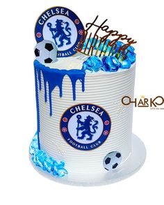 a birthday cake decorated with blue icing and soccer balls on the top is for chelsea