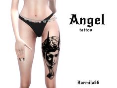 an image of a woman with tattoos on her leg and the words angel tattoo written below it