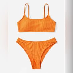 Brand New, Shein, Size S, Orange Ribbed Bikini. Orange Swimsuit Aesthetic, Swimsuit Aesthetic, 2 Piece Swimsuit, Orange Swimsuit, 2 Piece Swimsuits, Summer Suits, Wardrobe Ideas, Wireless Bra, Bra Top