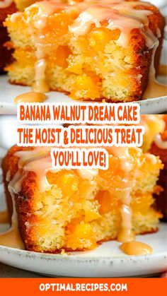 two pictures of bananas and cream cake with the words, banana walnut dream cake the most & delicious treat you'll love