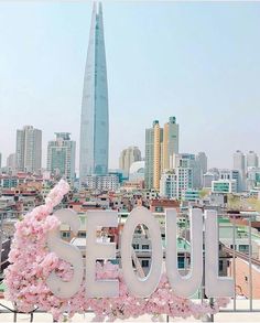 the word seoul surrounded by pink flowers in front of a cityscape with skyscrapers