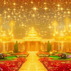 a large room filled with lots of red flowers and gold stars in the sky above