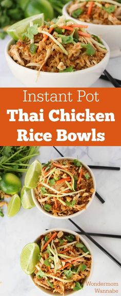 instant pot thai chicken rice bowls with chopsticks and lime wedges on the side