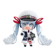 an action figure is shown in white and blue clothing, with red accents on her head