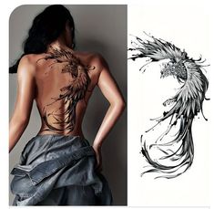 the back of a woman's body with tattoos on it