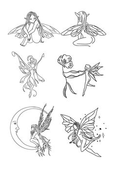 four different types of fairy tattoos on a white background