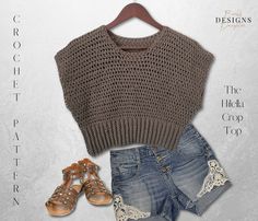 a sweater and shorts with sandals on the bottom are featured in this ad for crochet magazine