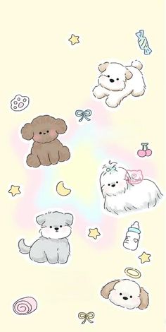 some cute little animals and stars on a white background with pastel pink, blue, green, yellow