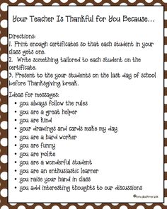 a brown and white polka doted teacher's thank note with the words, your teacher is grateful for you because