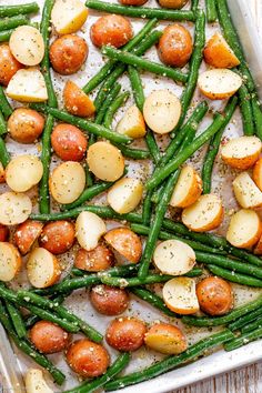 potatoes and green beans in a baking dish