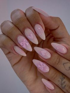 #pink #nails #heart #bow #naildesign #nailart #airbrush Birthday Gel Nail Designs, Almond Tip Nails Designs, Nail Ideas Bow, Kids Nail Designs Simple, Nail Short Designs, Cute Almond Acrylic Nails, Mid Nails, Cute Almond Nail Ideas, Nails Inspo Cute