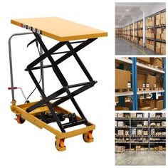 a yellow table sitting on top of a dolly in a room filled with shelves and boxes