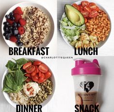 four plates with different foods on them and the words breakfast, lunch, dinner, snack