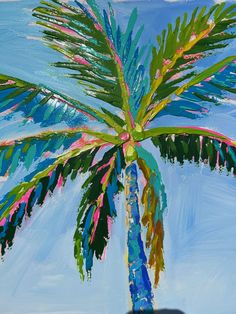 a painting of a palm tree with blue sky in the background