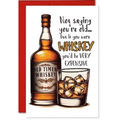 a card with an image of a bottle of whiskey and ice cubes