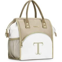 a white and beige handbag with the letter t on it's front pocket