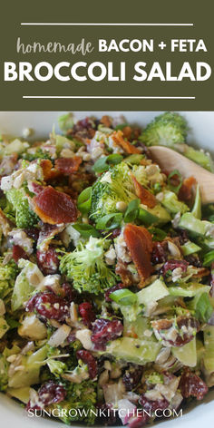 Cold broccoli salad with feta, dried cranberry, bacon and sunflower seeds. Healthier Broccoli Salad, Winter Broccoli Salad, Broccoli Feta Salad, Salads With Broccoli, Broccolini Salad Recipe, Crunchy Broccoli Salad, Broccoli Salad With Cranberries, Crunchy Broccoli, Salad With Cranberries