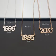 ＨＯＷ ＴＯ ＯＲＤＥＲ Choose the material and font style. Choose the chain type and length. Make sure you write the date/year you want in the PERSONALIZATION BOX. Up to 11 characters. ＤＥＳＣＲＩＰＴＩＯＮ Custom Year Necklace Material: 925 Sterling Silver or Gold/Rose Plated. Name size: height 9-12mm, width 18-40mm (depending on the number of letters). ＰＲＯＣＥＳＳＩＮＧ ＴＩＭＥ Processing time for our items is 3-5 business days. ＤＥＬＩＶＥＲＹ ＴＩＭＥ For US orders - 2-6 business days by USPS first class mail. (FREE) Expedited deli Custom White Name Necklace For Anniversary, Gold-plated Name Necklace For Anniversary, Customized Adjustable Name Necklace For Anniversary, Customizable Stainless Steel Name Necklace For Anniversaries, Customizable Metal Name Necklace For Anniversary, Anniversary Necklace, Number Necklace, Birth Year, Box Chain