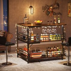 a bar cart with bottles and glasses on it in front of a wall decorated with music notes