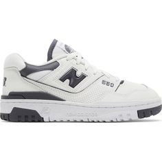 The New Balance Women's 550 'Sea Salt Magnet' Features White Leather On The Upper, Contrasted By Dark Grey Accents On The Collar, Heel Counter And Signature 'N' Logo. A Woven New Balance Tag Decorates The Breathable Nylon Tongue, While A Flying Nb Logo Graces The Back Heel. Cushioning Is Limited To An Interior Foam Wedge, Exposed On The Medial Side Of The Durable Rubber Cupsole. * New With Box - Sku A1669 New Balance 550 Sea Salt, 550 Sea Salt, Nb Logo, New Balance Women, Logo A, New Balance Shoes, Sea Salt, Christmas List, Mens Shoes Sneakers