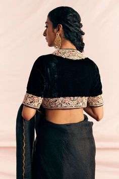 Black silk velvet padded blouse with floral pattern border, applique, thread, bead and sequin embroidery. - Aza Fashions Padded Blouse, Saree Silk, Beaded Blouse, Embroidered Border, Black Saree, Organza Saree, Embroidered Applique, Sequins Embroidery, Silk Organza