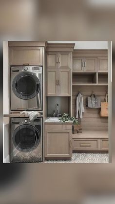 an image of a laundry room with washer and dryer on the floor in front of cabinets