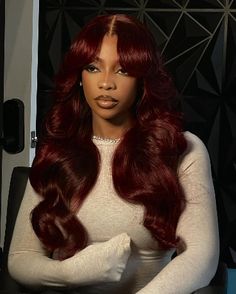 Sew In Hairstyles With Closure Color, 23rd Birthday Hairstyles, Red Hair Outfits Black Women, Dearra Hairstyles, Valentines Hairstyles Black Women, Cherry Red Wig, Curtain Bangs Wig, Baddie Essentials, Bday Hair