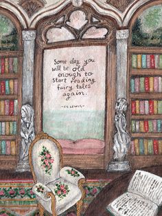 a drawing of a chair in front of a bookcase with a quote on it