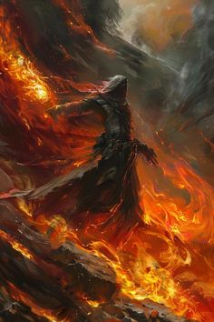 an artistic painting of a demon in flames