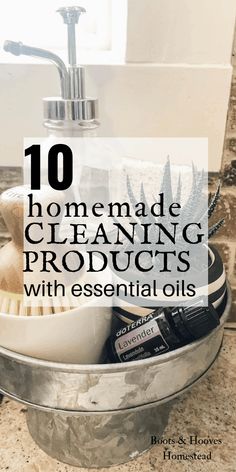 the top 10 homemade cleaning products with essential oils in a metal bowl on a marble countertop