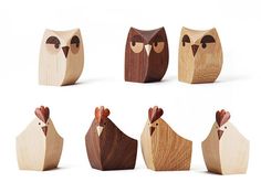 six wooden owls with different shapes and sizes