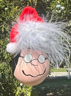 a christmas ornament hanging from a tree in the shape of a santa hat