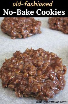 no - bake cookies with chocolate and walnuts on the top are ready to be eaten