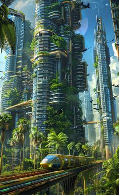 a futuristic city surrounded by tall buildings and palm trees