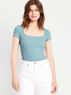 Lace-Trim Rib-Knit Top | Old Navy Trendy Fitted T-shirt With Square Neck, Casual Tops With Stretch And Straight Neckline, Casual Stretch Top With Straight Neckline, Casual Fitted Square Top, Casual Tops With Straight Neckline And Stretch, Casual Fitted Square-shape Top, Trendy Summer T-shirt With Square Neck, Casual Spring Tops With Straight Neckline, Fitted Solid Color Square Top