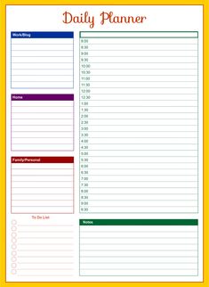 the daily planner is shown in red, green and blue with yellow trimmings