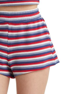 Charming stripes decorate these high-waist shorts that keep you cozy and cute all day long. 2" inseam 100% polyester Machine wash, line dry Imported Striped Pajama Shorts With Built-in Shorts, Striped Shorts With Built-in Shorts For Loungewear, Striped Lounge Shorts, Trendy Striped Shorts With Built-in Shorts, Striped Pajama Shorts With Elastic Waistband, Summer Striped Pajama Shorts, Blue Vertical Stripes Short Bottoms, Casual Striped High-waisted Pajama Shorts, Sporty Striped Shorts With Elastic Waistband