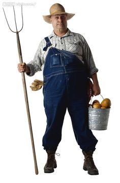 a man in overalls holding a bucket and pitchfork