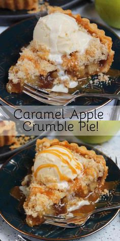 caramel apple crumble pie with ice cream on top