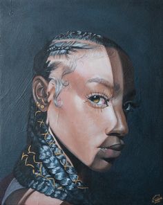 a painting of a woman with braids and piercings on her head is shown