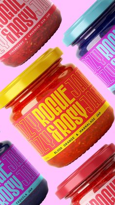 six jars of food sit in front of a pink background with the words doodle factory on it