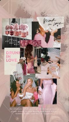 a collage of photos with different women in pink dresses and cocktails on them