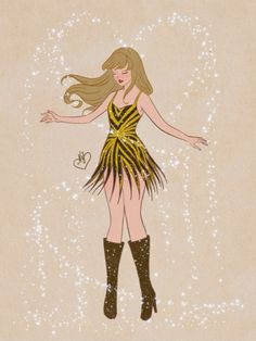 a drawing of a woman in a short dress and boots with her arms spread out