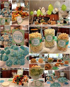 a collage of pictures showing different types of food and decorations for a baby's first birthday party