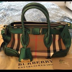 One Of A Kind A House Check With Metallic Green Python Trim Tote Back From The Burberry Prorsum Ss13 Runaway Collection!!! - With A Unique Sculptural Look, This Luxurious Piece Features Stylized Luggage Look, Oversized And Branded Key Holder And Oversized Zipper! Comes With Dust Bag Green Python, Luggage Locks, Burberry Prorsum, Trim Color, Burberry Bag, Key Holder, Kate Spade Top Handle Bag, Womens Tote Bags, Python